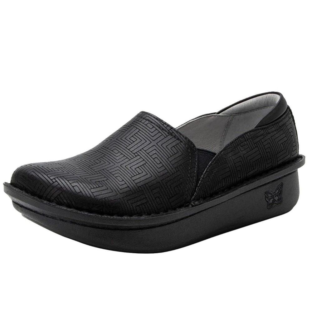 Alegria Debra Clogs Geometric Embossed Black Leather Shoes EU 39 US 9 Comfort